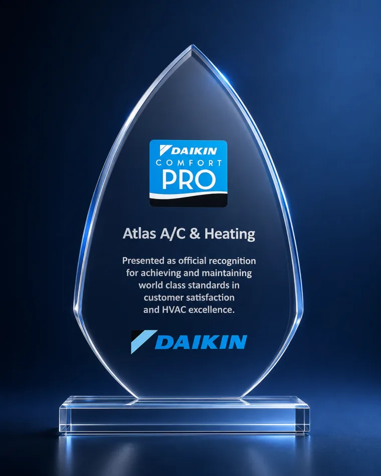 Daikin Comfort Pro award presented to Atlas Air Conditioning & Heating as official recognition for world-class standards in customer satisfaction and HVAC excellence